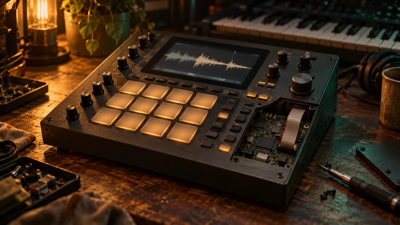 Concept illustration of an electronics and music workbench; not a historical photograph