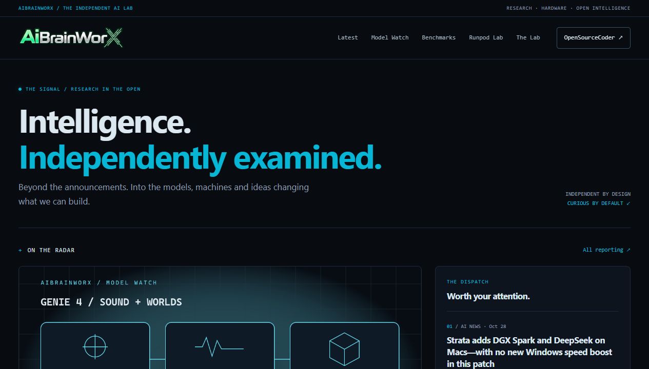 Actual AiBrainWorX homepage with the research desk and Model Watch, captured October 28