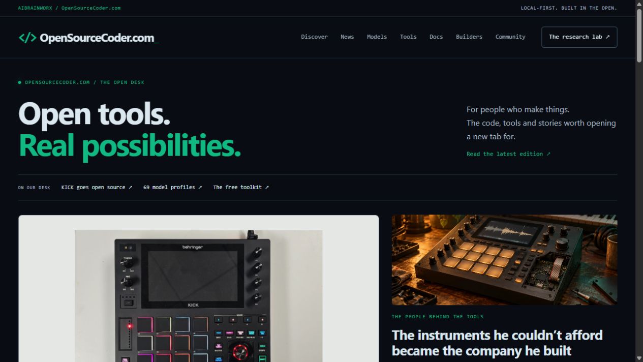 Actual OpenSourceCoder.com homepage showing the new open-source desk and official Behringer KICK image