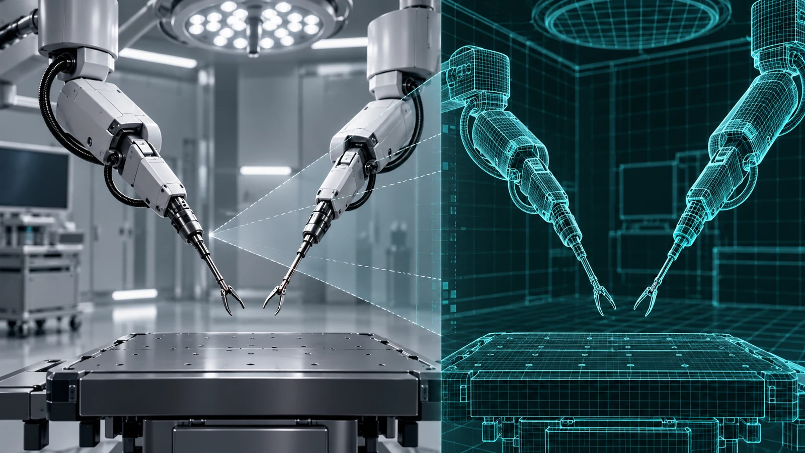 Robotic tools transition into a simulated digital twin.