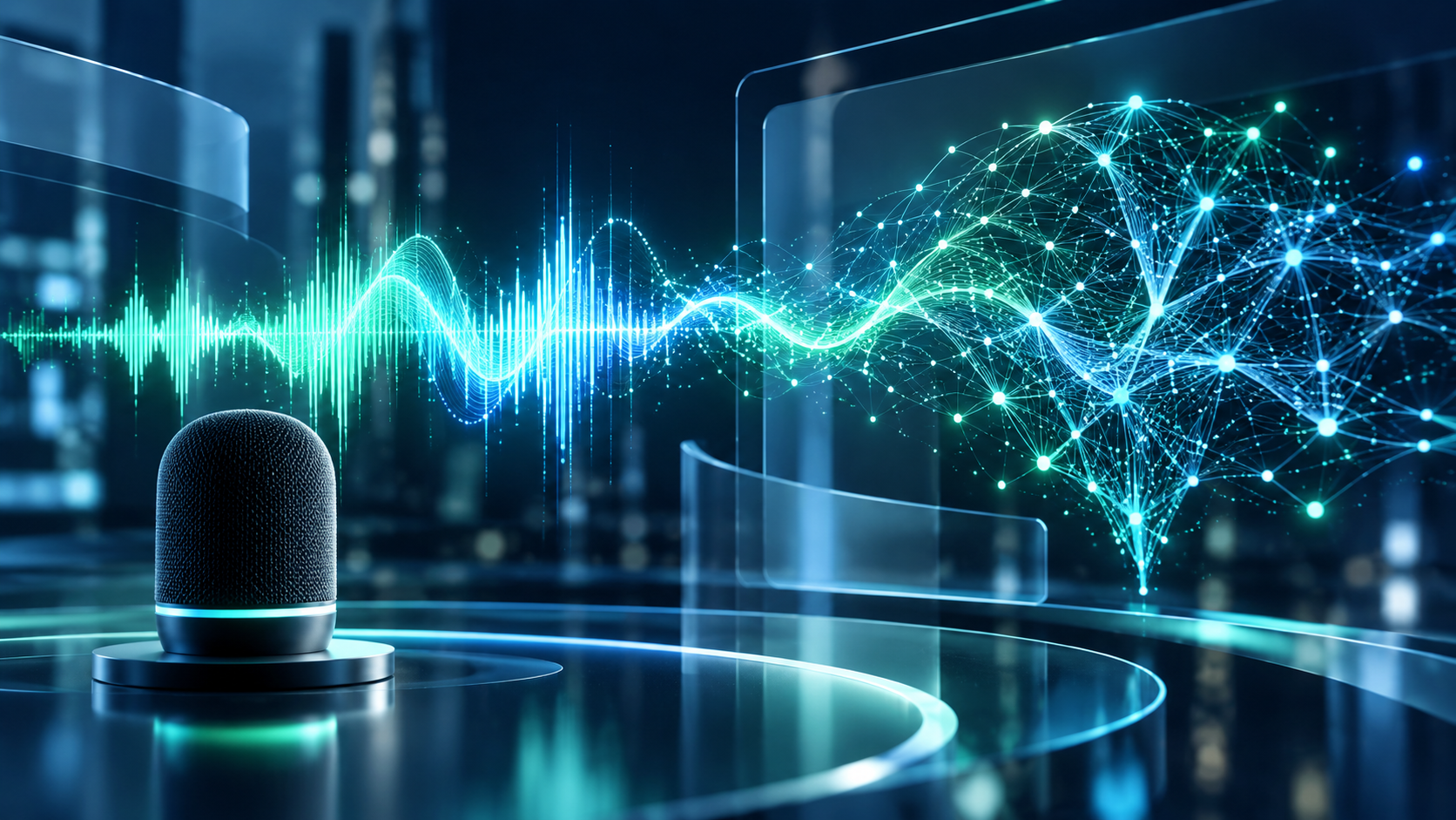 Conceptual illustration of a microphone and AI speech processing