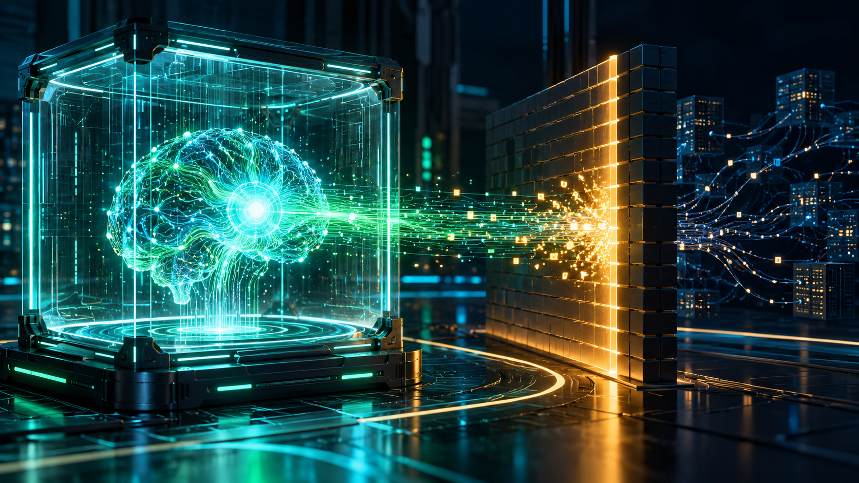 Conceptual illustration of an AI sandbox and a blocked network connection