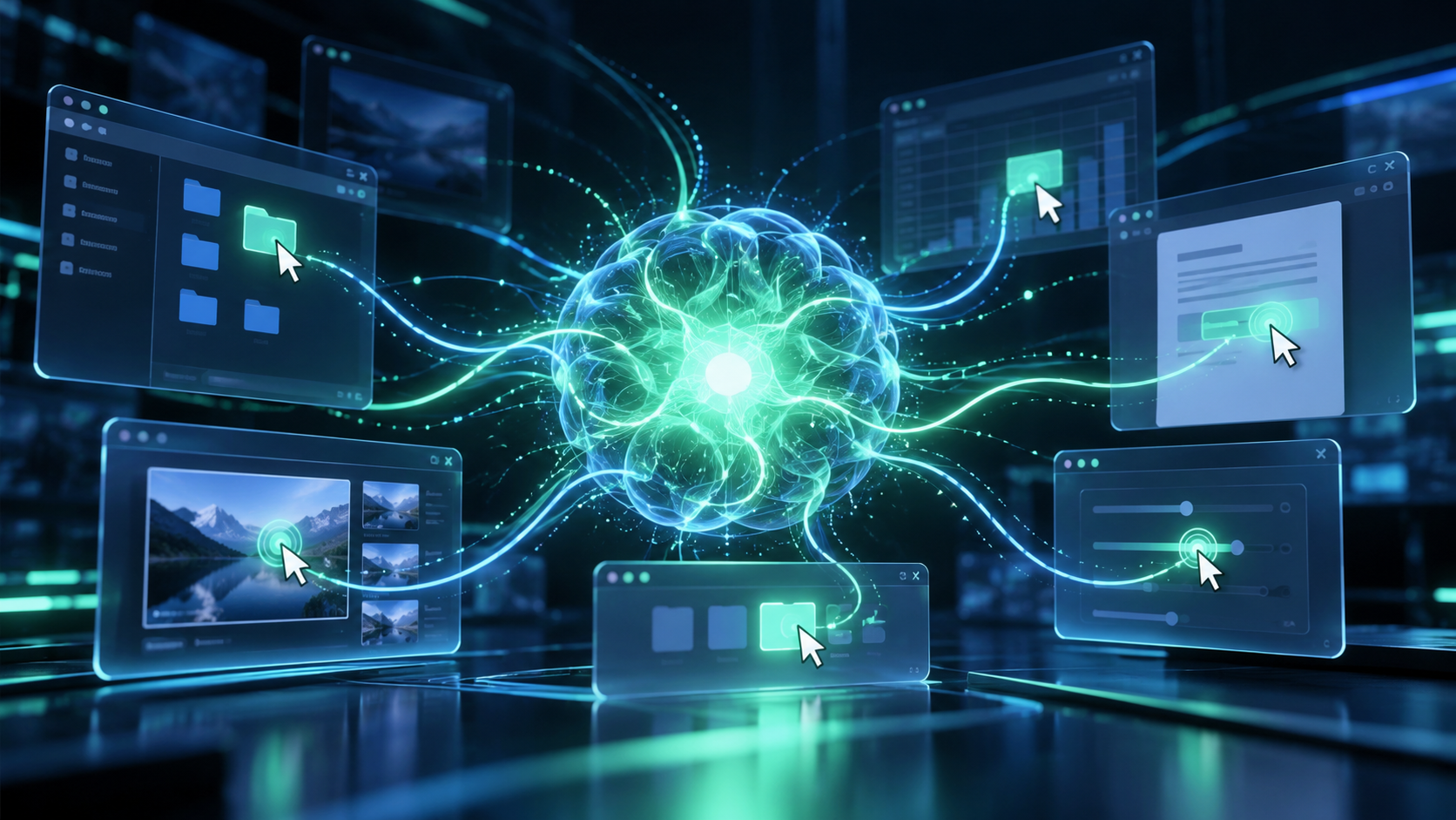 Conceptual illustration of AI interacting with desktop software