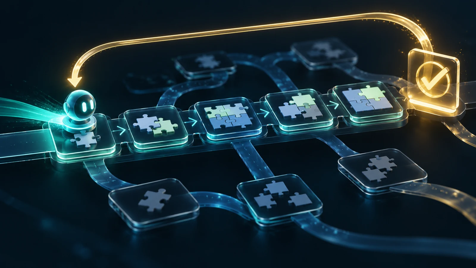An AI agent follows a learning and evaluation path.