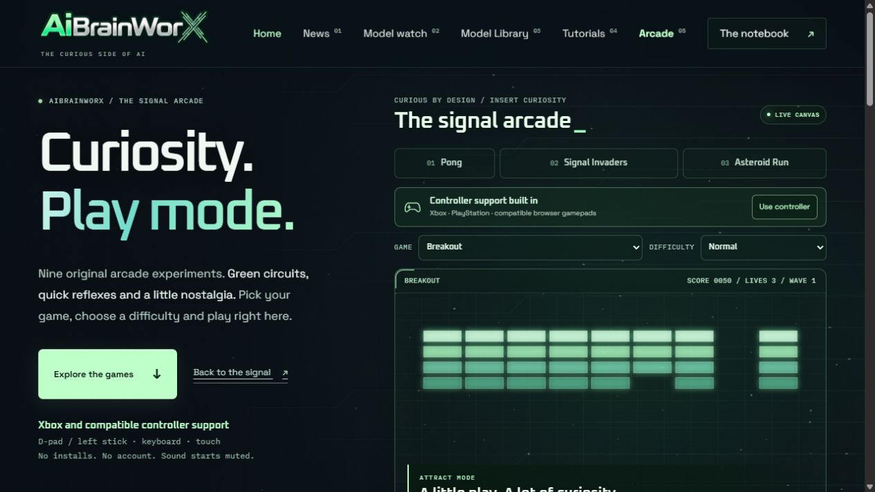 The AiBrainWorX Signal Arcade interface, showing the controller support banner, game selection and green transparent Breakout playfield.