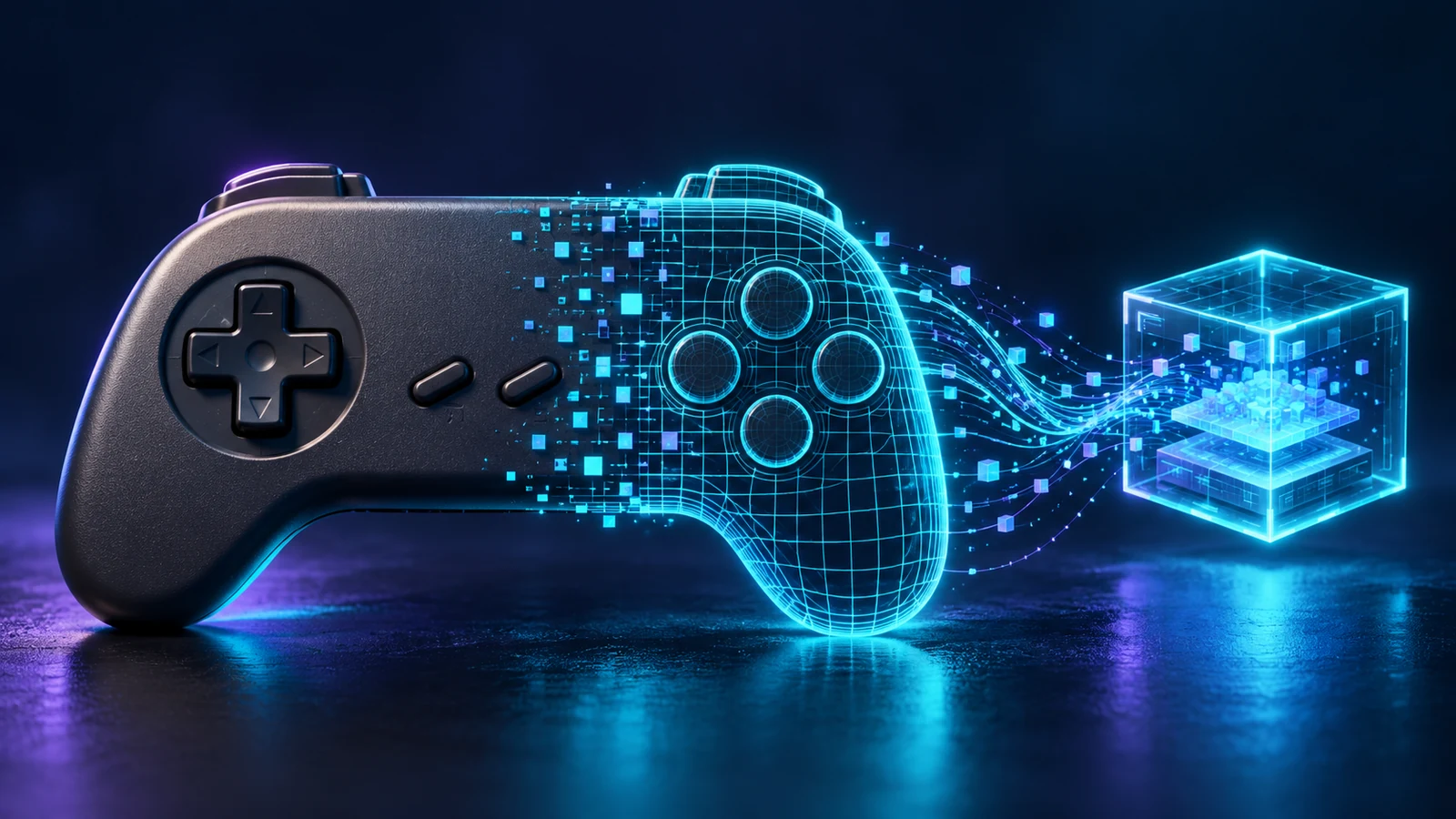 A game controller transitions into a wireframe simulation.