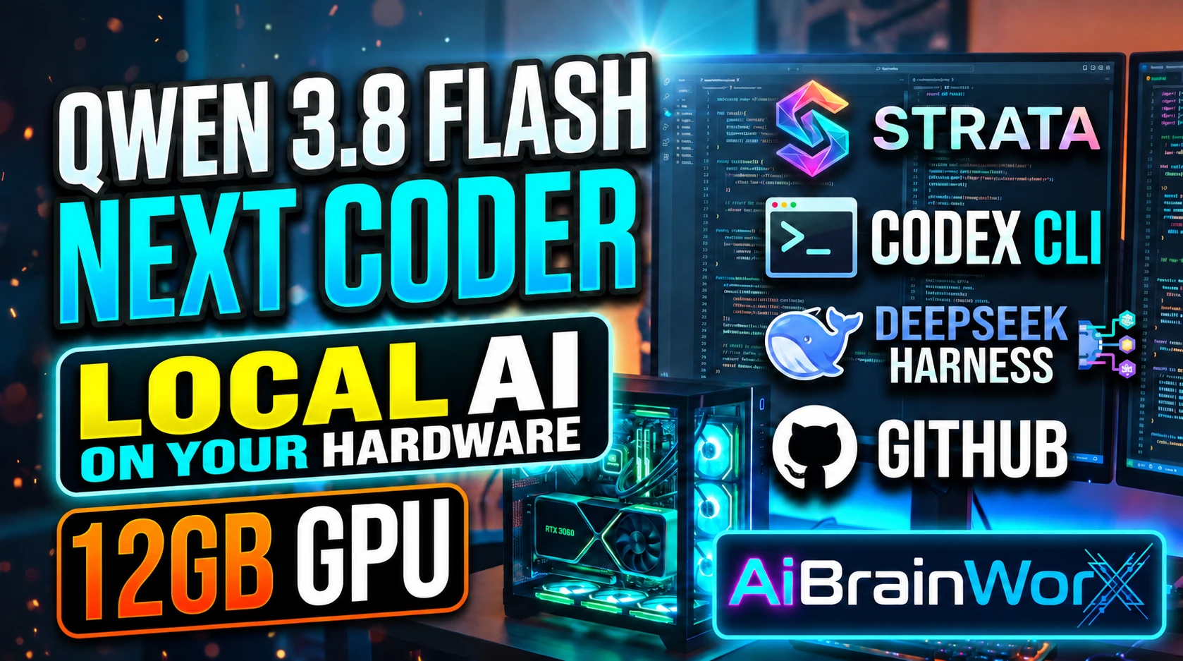 AiBrainWorX local AI build with Qwen, Strata, coding clients and a 12 GB GPU example. No speed claim.