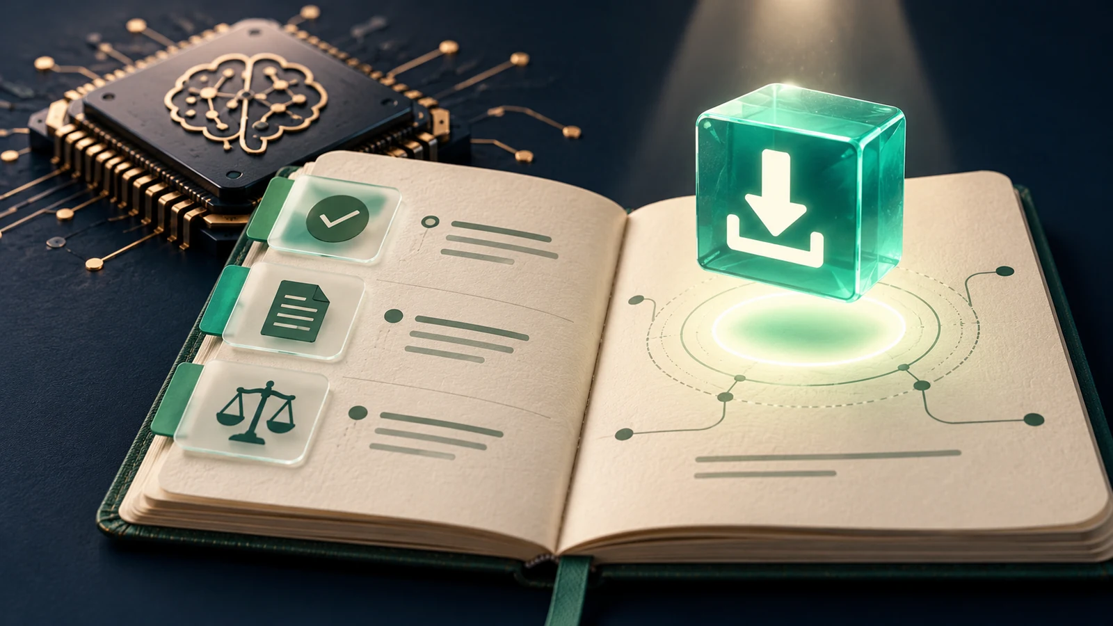 A notebook and AI processor represent model-release checks.