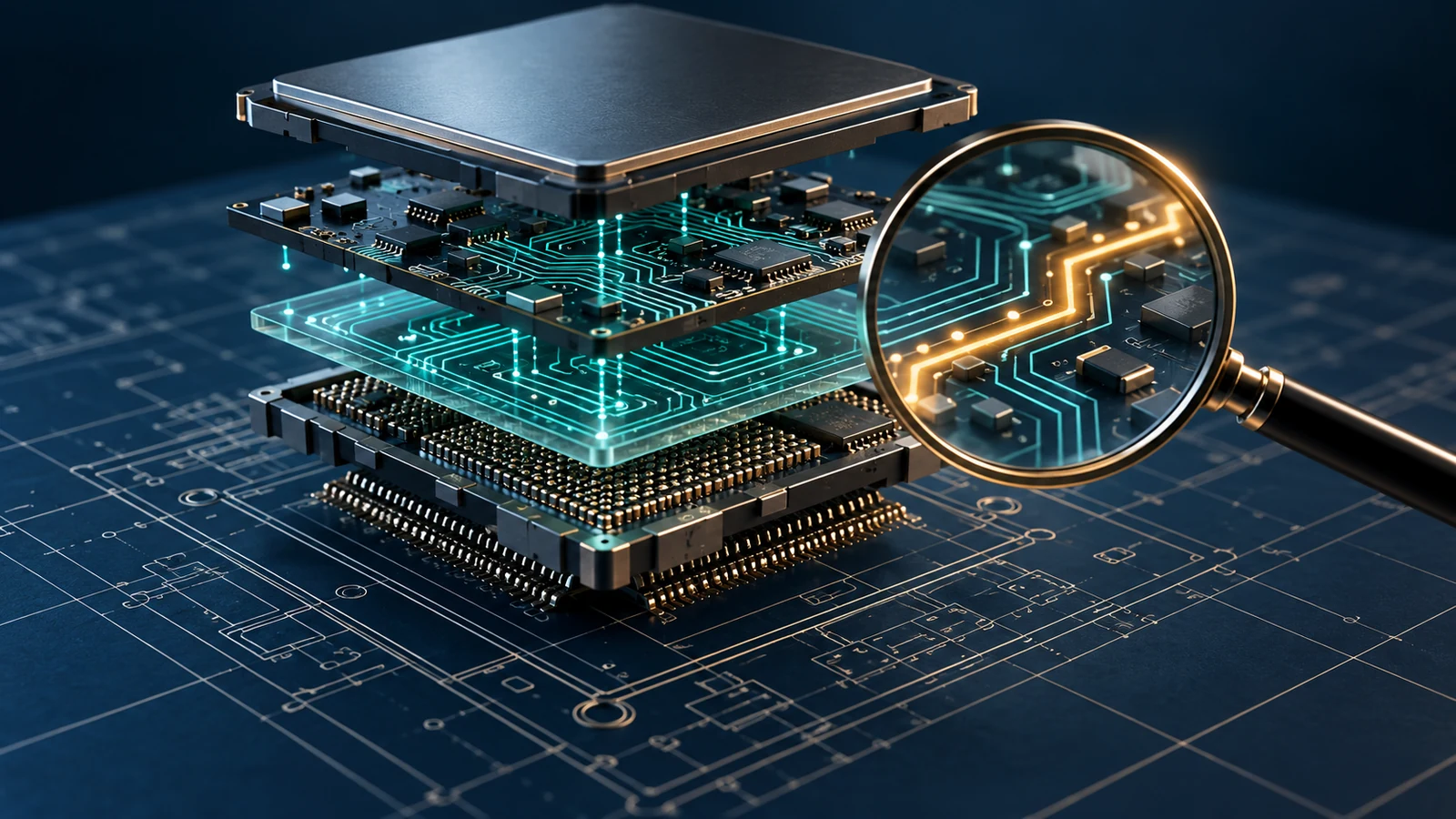 Exploded chip layers reveal a path under inspection.