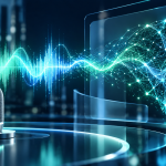 Conceptual illustration of a microphone and AI speech processing