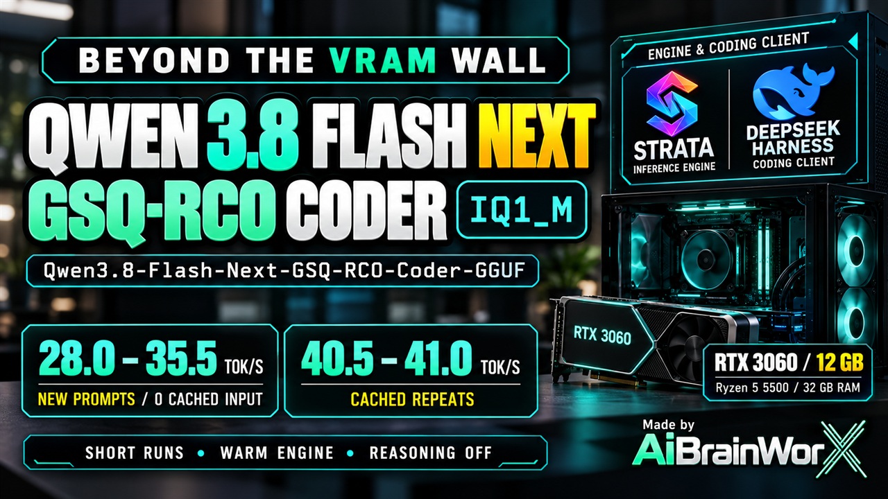 AiBrainWorX conceptual workstation thumbnail: exact Qwen3.8 Flash Next GSQ-RCO Coder IQ1_M, RTX 3060 12 GB, new prompts 28.0–35.5 tokens/s and cached repeats 40.5–41.0. Short runs, warm engine, reasoning off.