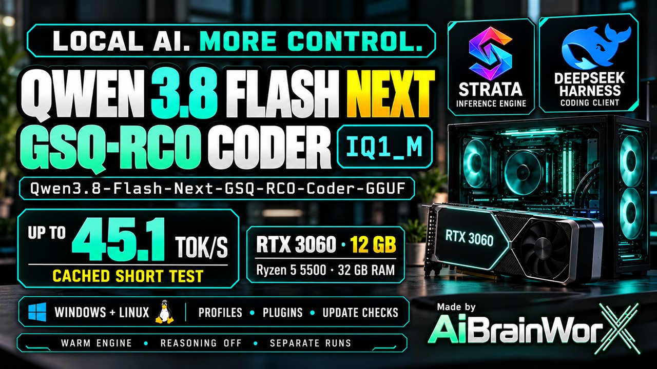 Conceptual AiBrainWorX artwork: Qwen 3.8 Flash Next GSQ-RCO Coder IQ1_M, up to 45.1 tokens per second in a cached short test on RTX 3060 12 GB.