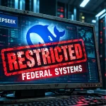 Conceptual server-room illustration with a DeepSeek logo and a Restricted — Federal Systems label.
