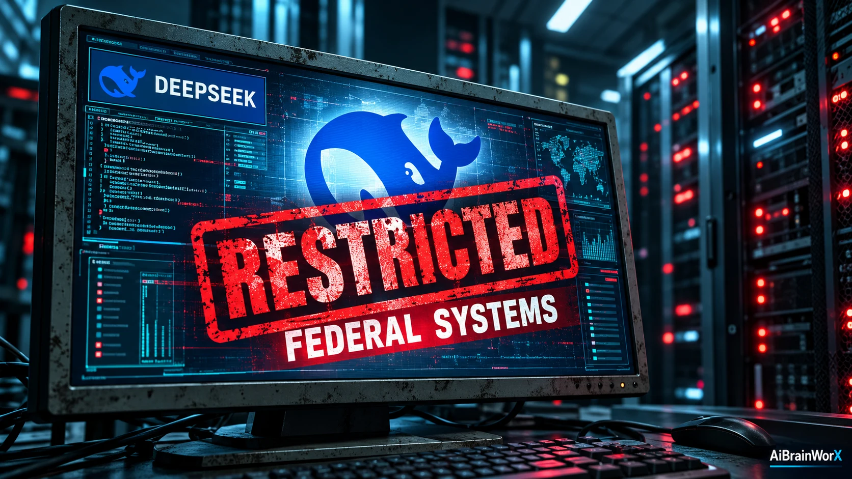 Conceptual server-room illustration with a DeepSeek logo and a Restricted — Federal Systems label.