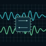 Conceptual graphic: two audio waveforms cross a central processor, representing simultaneous listening and speaking. Not a Dessa interface or measured output.