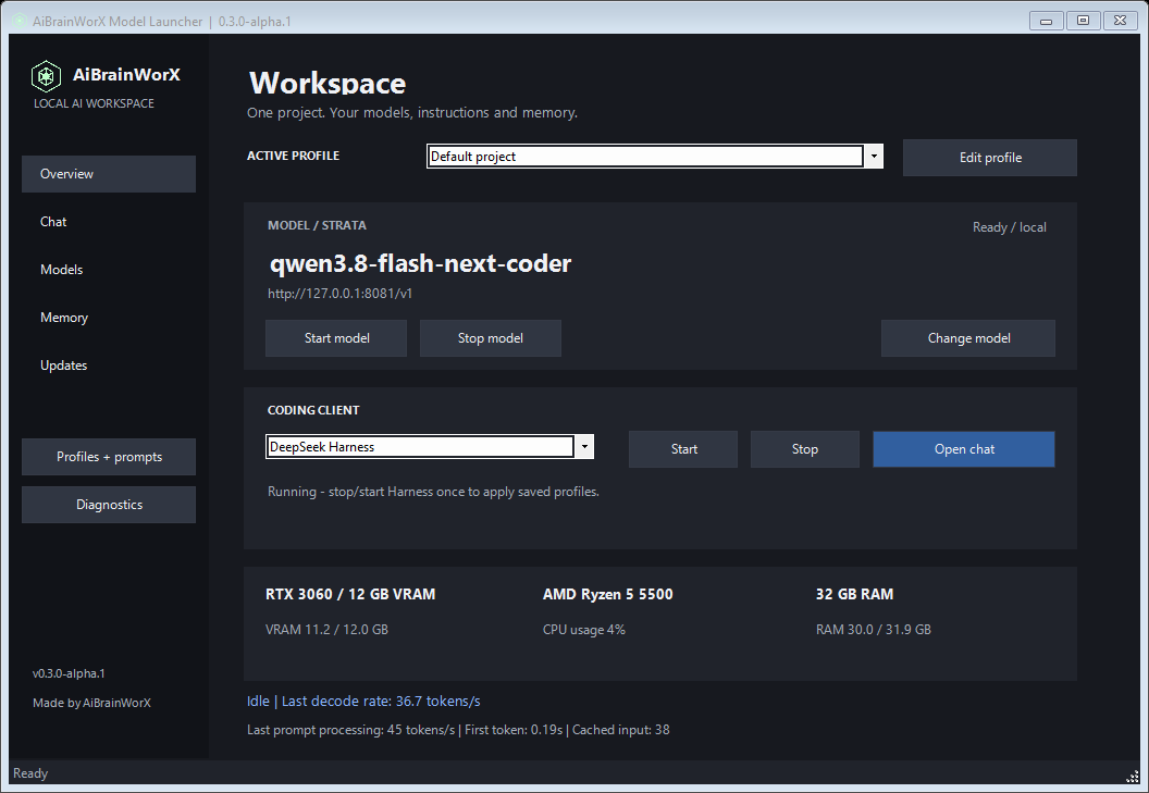 AiBrainWorX Model Launcher 0.3: actual Windows workspace screen