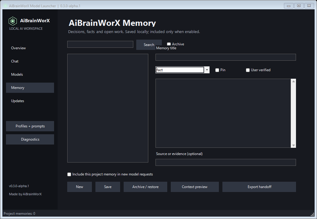 Original AiBrainWorX Memory: explicit project notes with opt-in request context and handoff export.