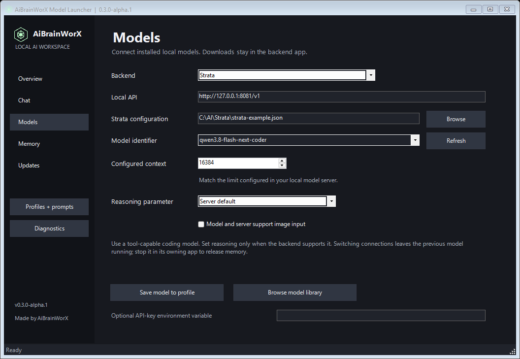 Save a local backend, model identifier, context declaration and supported reasoning settings.