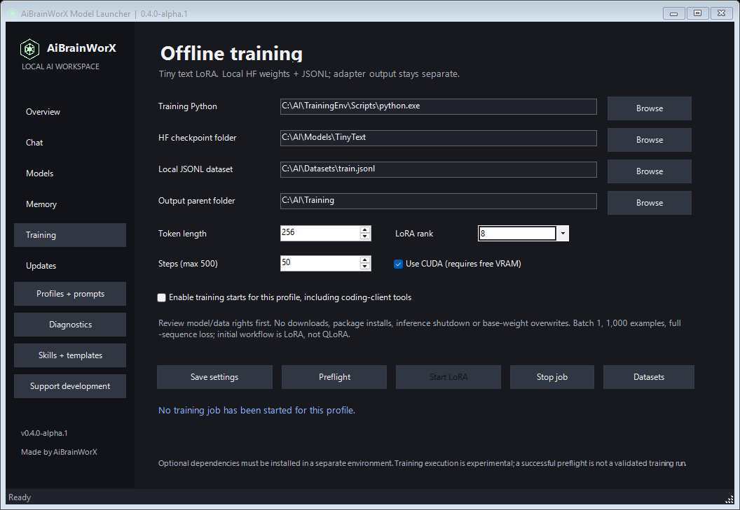 Offline tiny-model LoRA page in AiBrainWorX Model Launcher