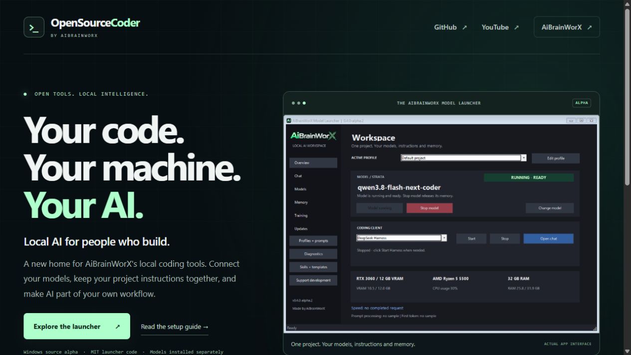 Actual OpenSourceCoder.com launch page showing the local AI headline and AiBrainWorX Model Launcher preview.
